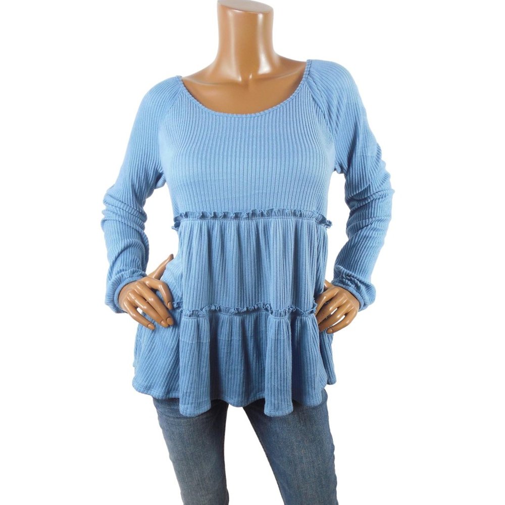 LAUREN CONRAD Top L New Blue Baby Doll Shirt Soft Knit Bohemian Blouse Stretch